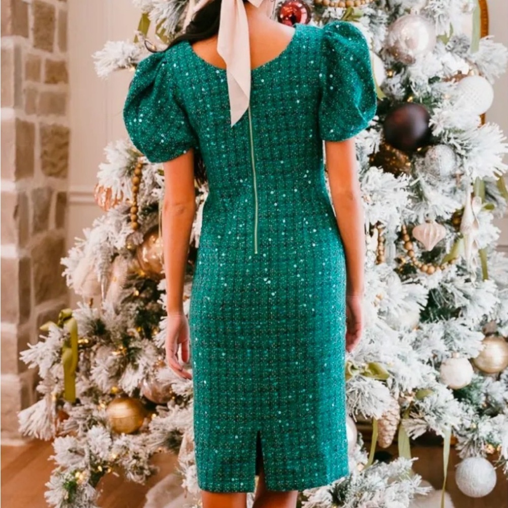 NWT Ivy City Co Holly Tweed Green Sparkle Dress Size Large Sequin Puffed Sleeves - Picture 2 of 3